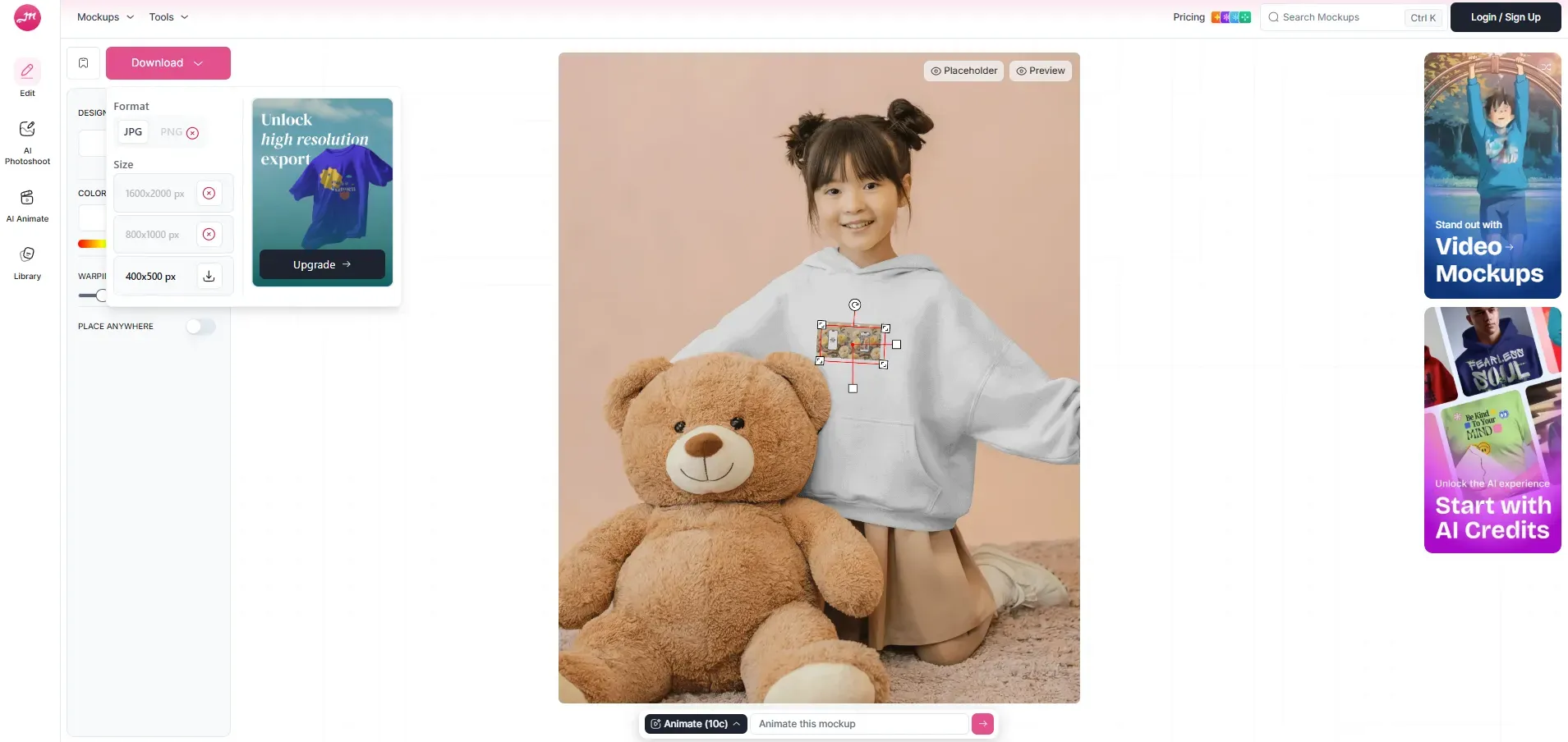 Mockey AI editor showing a hoodie mockup on a child model with design placement controls and download format options